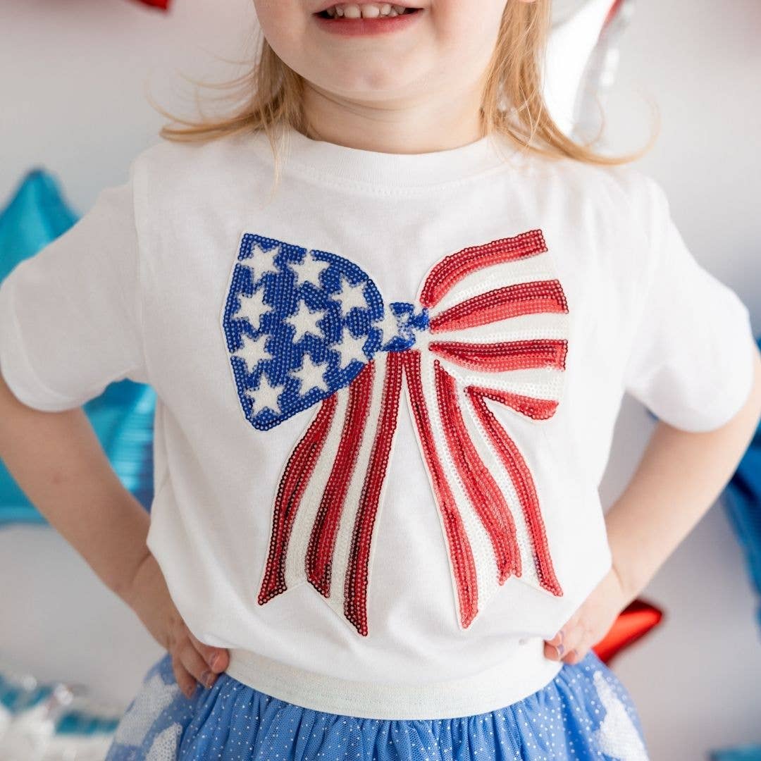 Patriotic Sequin Bow Patch Short Sleeve T-Shirt - Kids