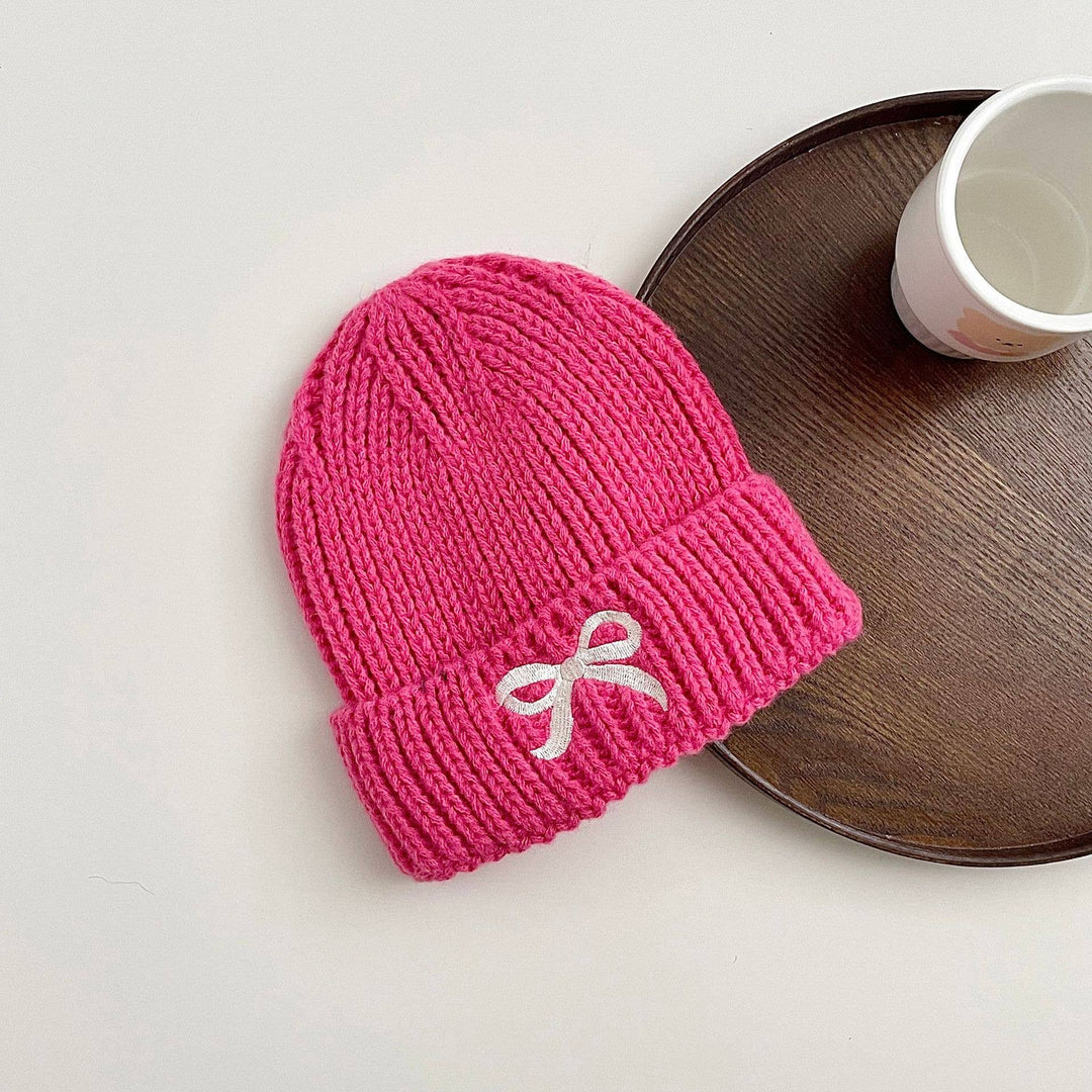 Children's bow embroidered knitted hat bow beanie: Hot pink