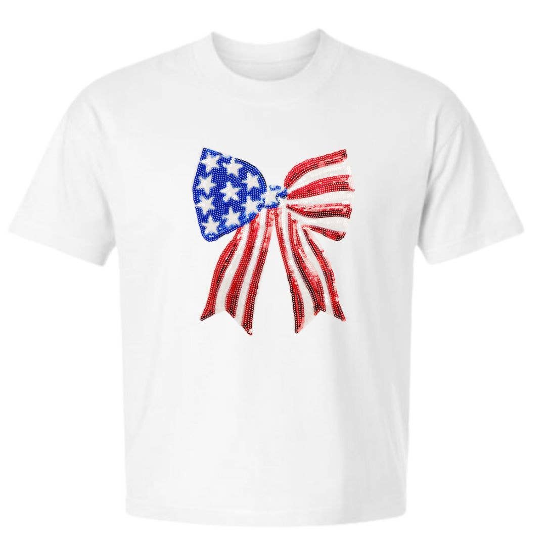 Patriotic Sequin Bow Patch Adult Short Sleeve T-Shirt - White