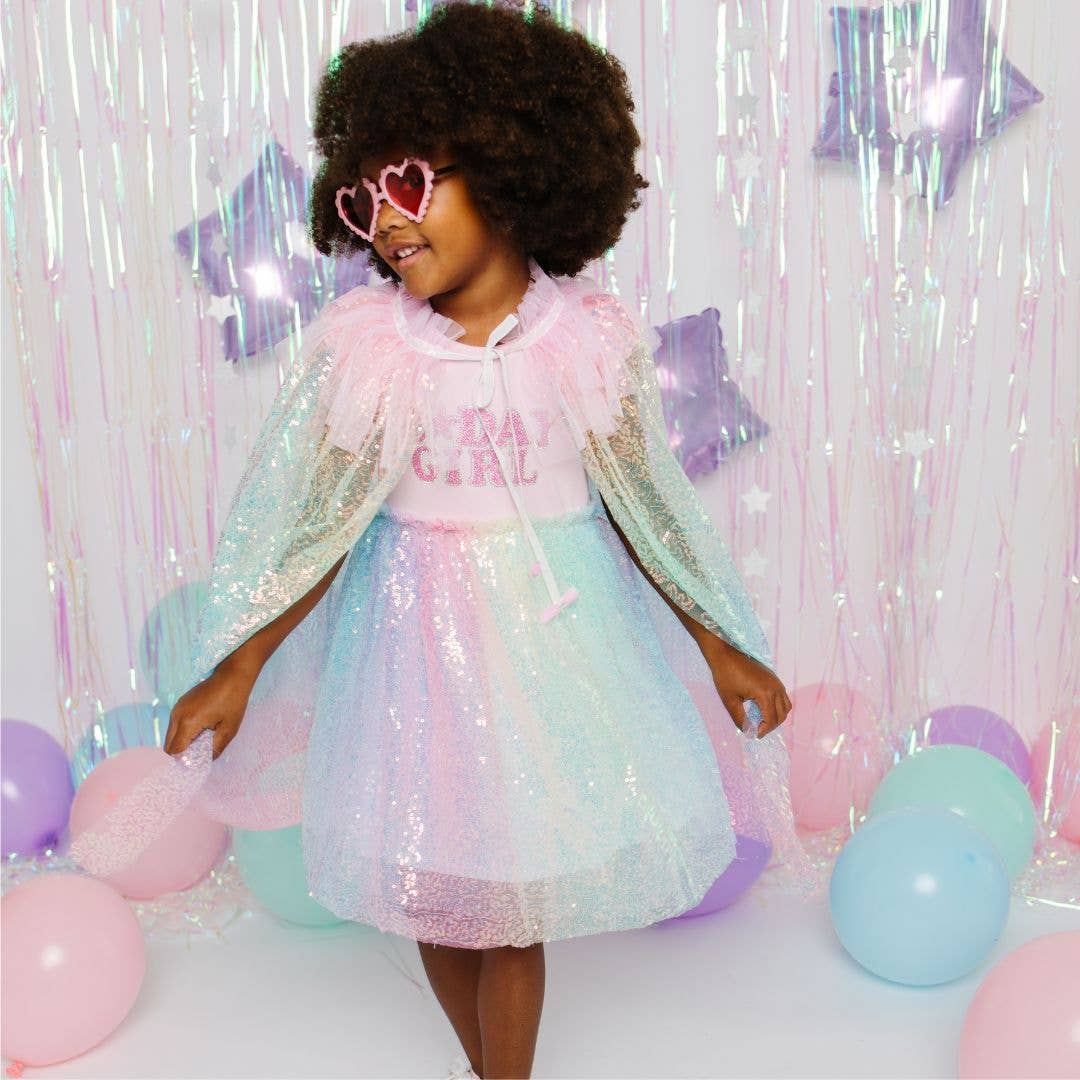 Birthday Girl Patch Rainbow Ombre Sequin Short Sleeve Tutu Dress
