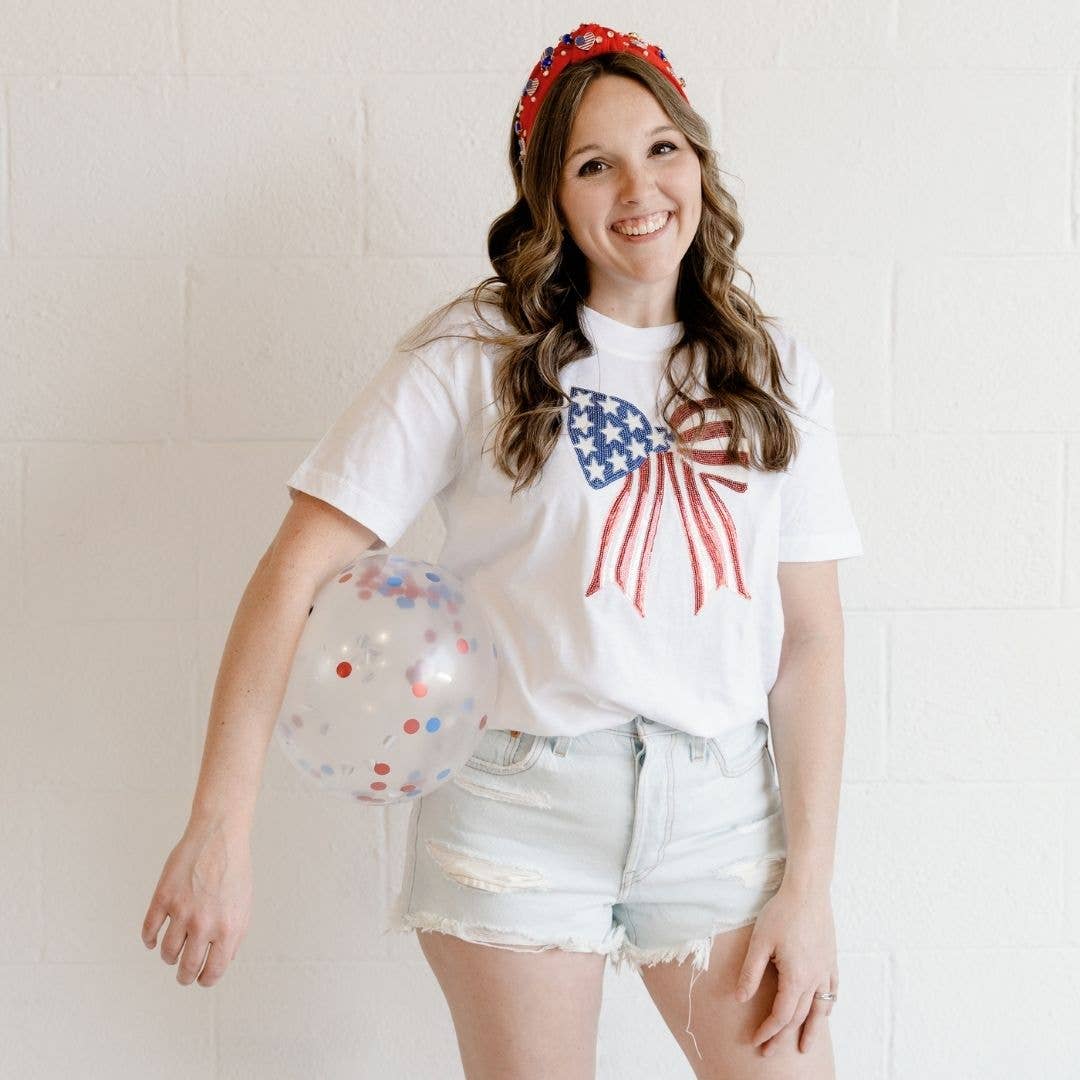 Patriotic Sequin Bow Patch Adult Short Sleeve T-Shirt - White