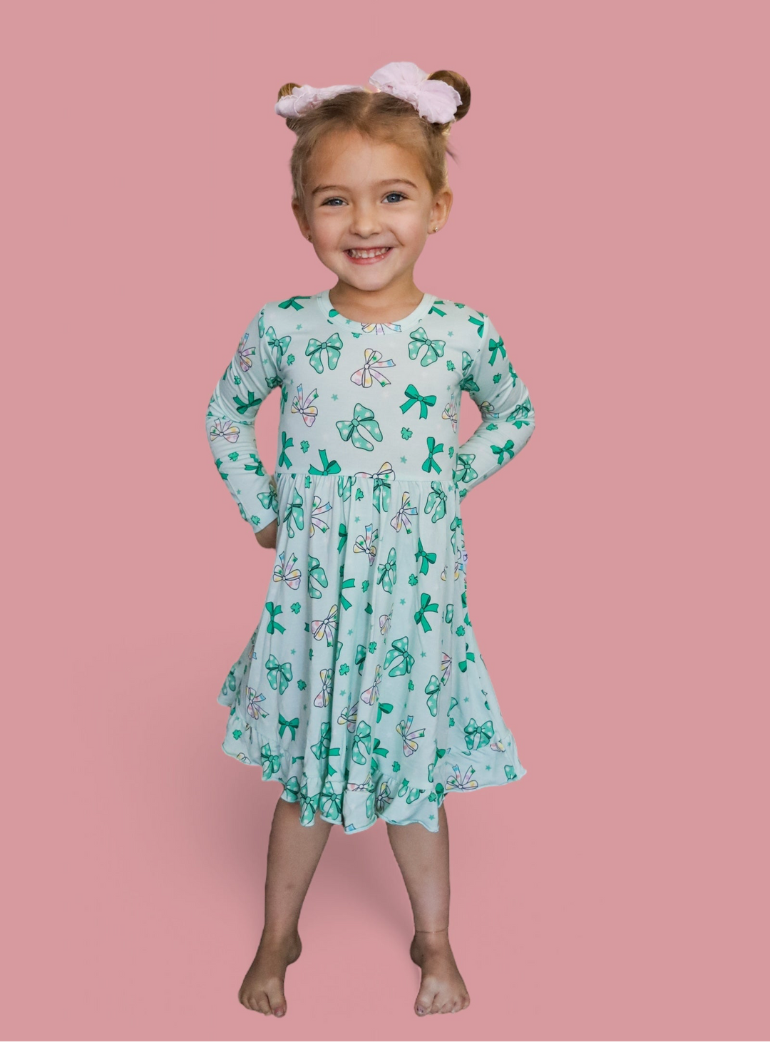 CLOVER BOWS LONG SLEEVE DREAM RUFFLE DRESS: 2T