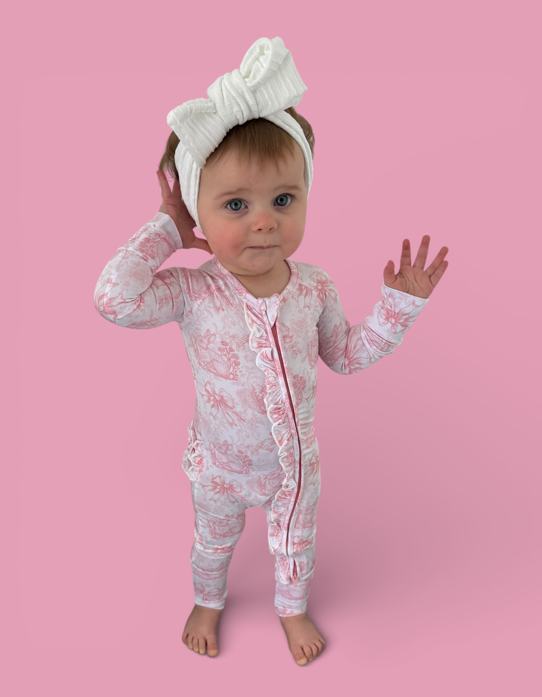 BLUSH BUNNY TOILE DREAM RUFFLE ROMPER