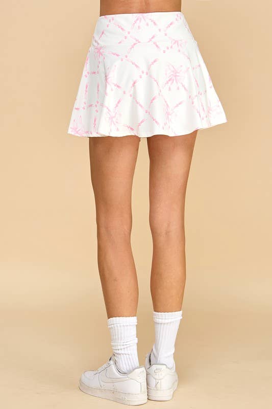 CS3762-Motion Ribbon Print Bow Detail Athleisure Skirt: White / M