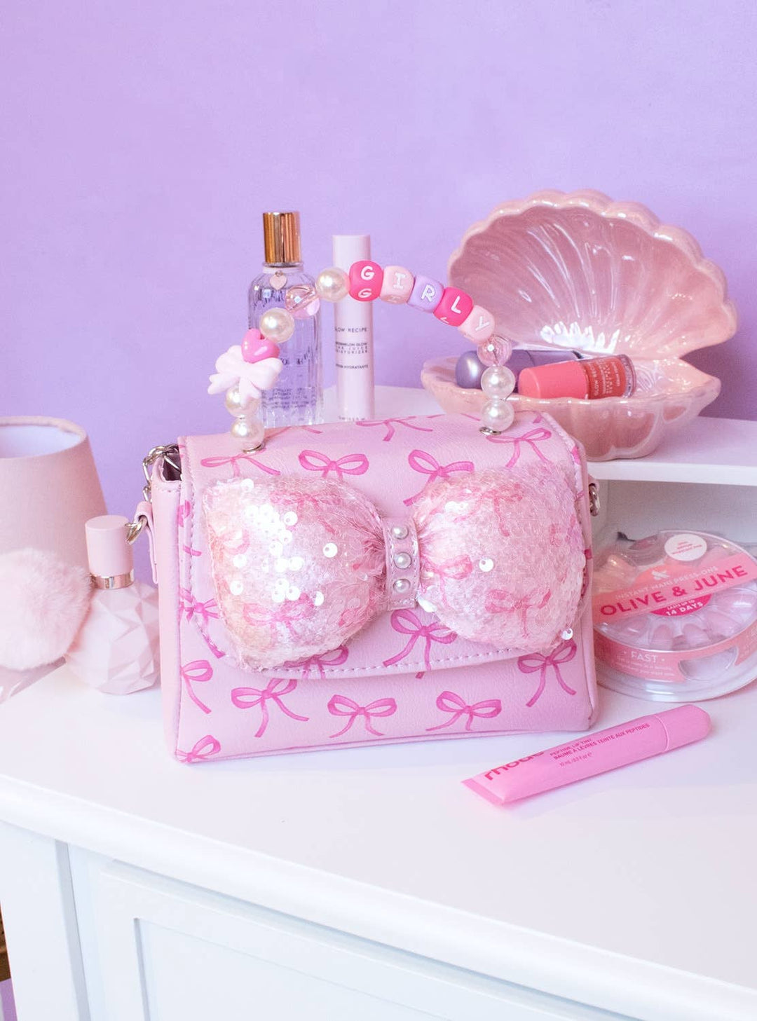 Sequin Bow Printed Mini Flap Crossbody with Beaded Handle