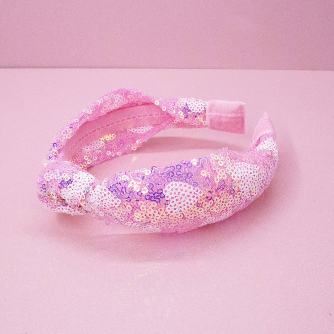 Kids Knot Headband - Pink Sequin Heart Valentine's Day