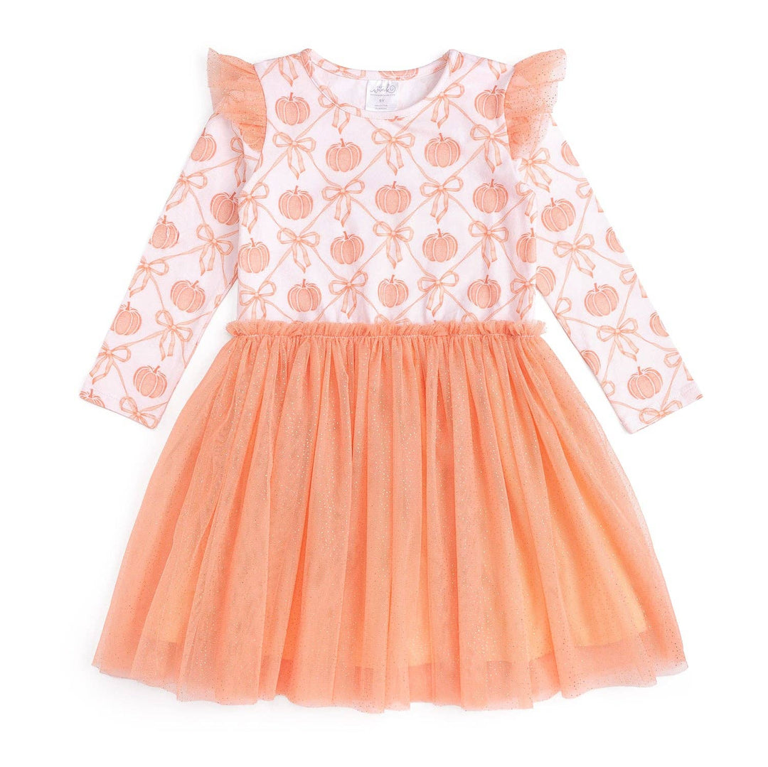 Pumpkin Bow Trellis Long Sleeve Tutu Dress - Kids Clothing