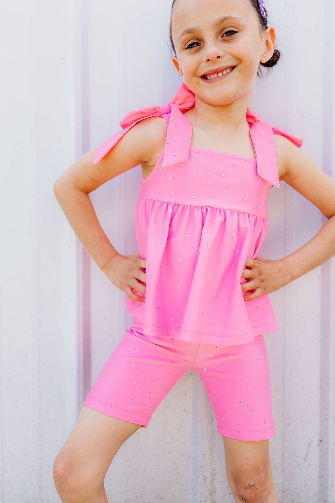 Bubblegum Pink Bow Two-Piece Gem Stamped Athletic Set (PREORDER: MID JUNE SHIP)