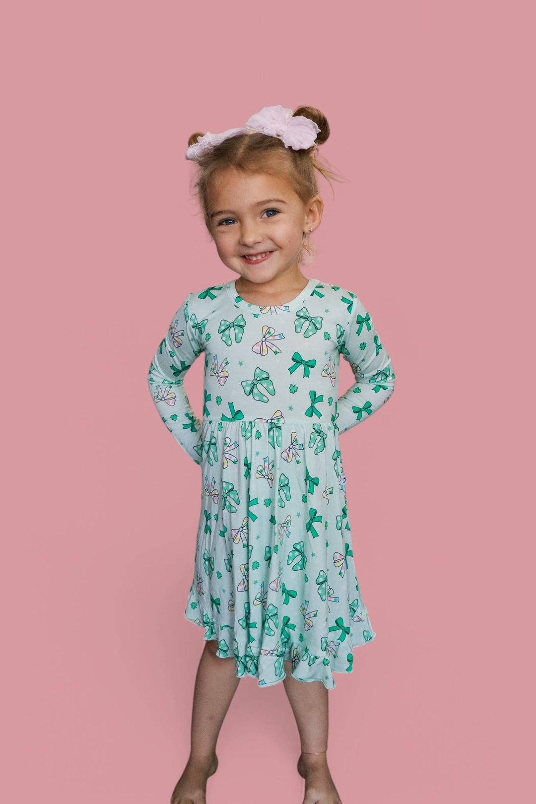 CLOVER BOWS LONG SLEEVE DREAM RUFFLE DRESS: 2T