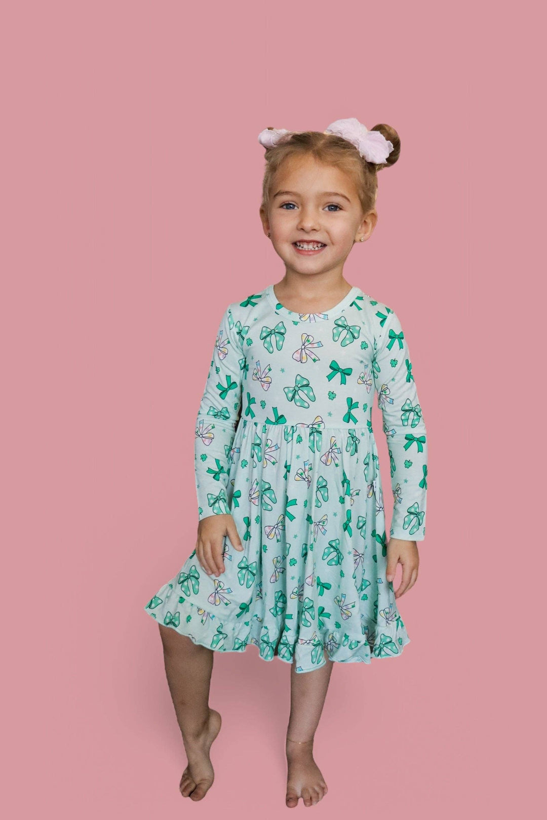 CLOVER BOWS LONG SLEEVE DREAM RUFFLE DRESS: 2T