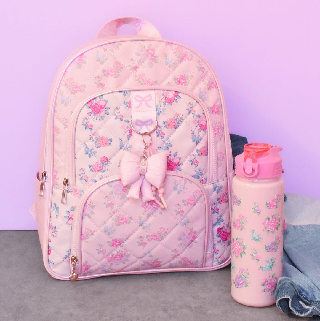 Floral Quilted Large Backpack with Bow Charm