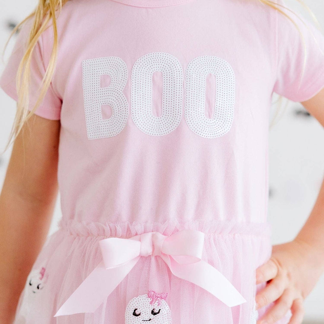 Boo Sequin Patch Halloween Short Sleeve Tutu Dress - Kids