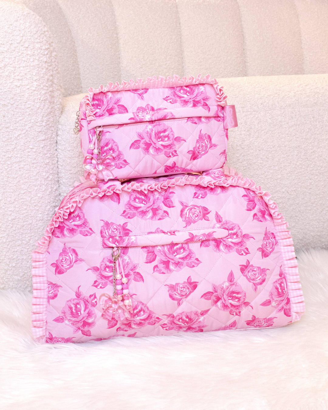 Quilted Rose Printed Pouch with Charm