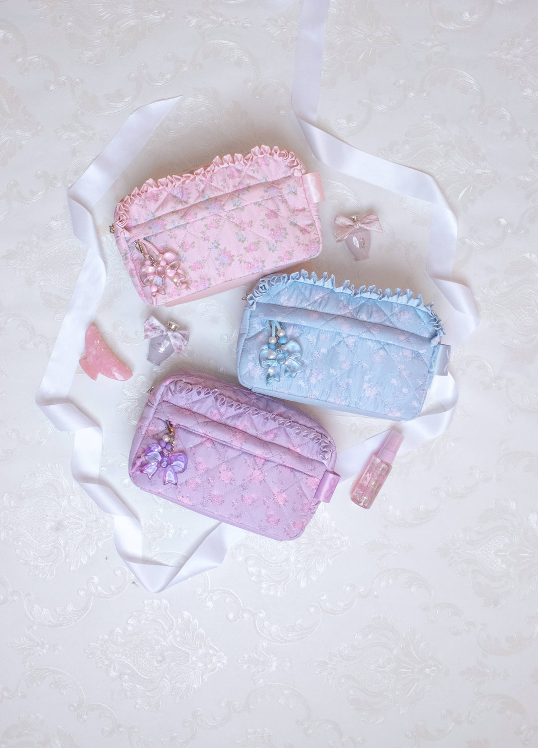 Quilted Floral Printed Pouch with Charm