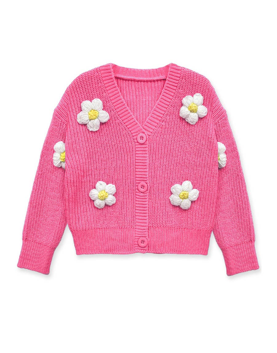 GWS-Y24-9034A Girl's Cardigan Sweater W/ Flower Applique: Rosy Pink / 5