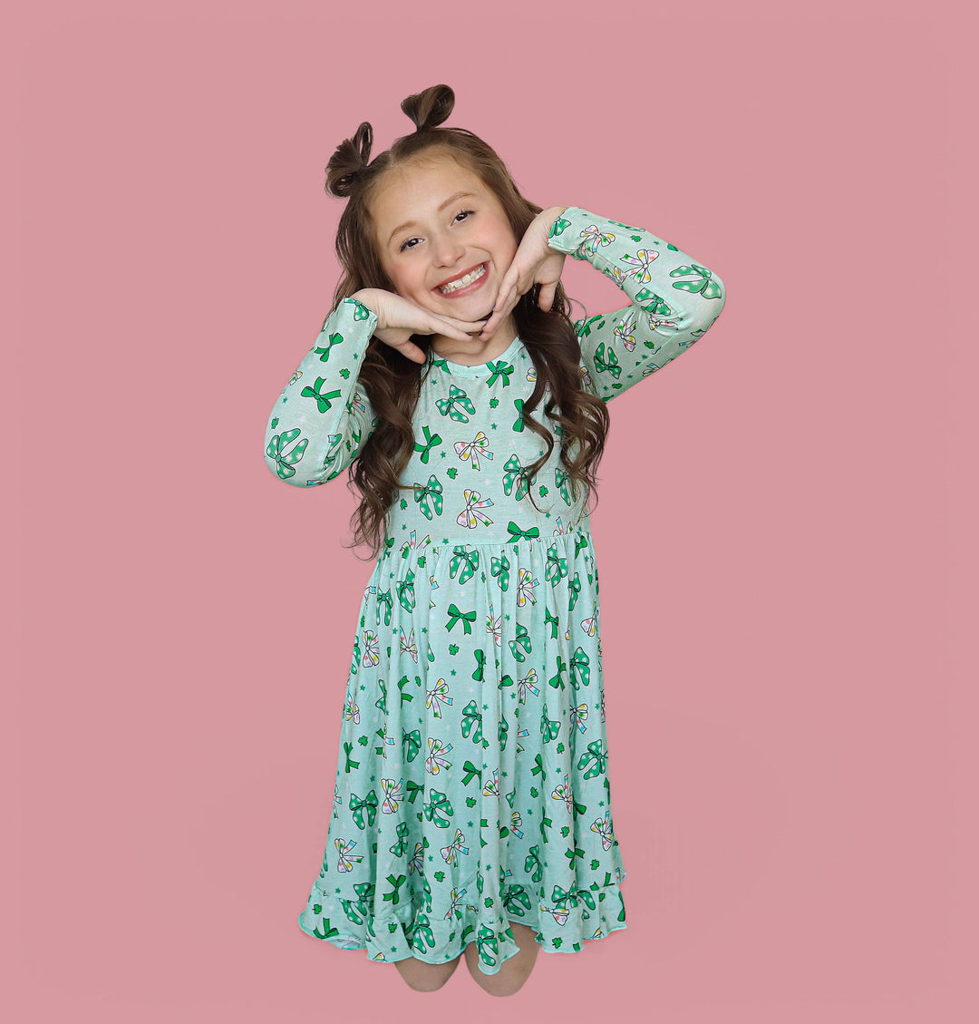 CLOVER BOWS LONG SLEEVE DREAM RUFFLE DRESS: 2T