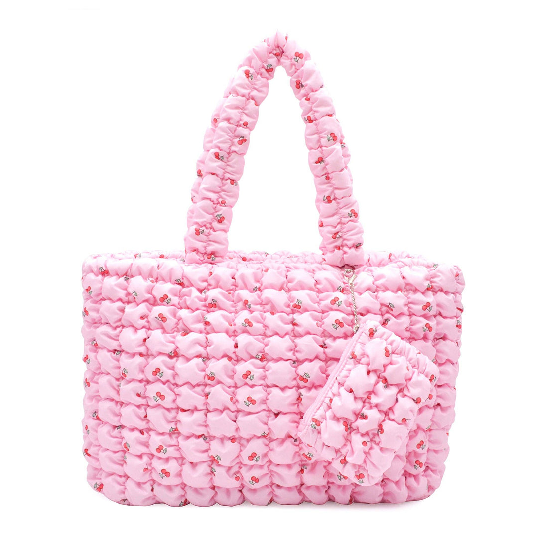 Quilted Scrunchies Printed Large Tote Bag with Coin Purse: Pink Cherry Print Scrunch