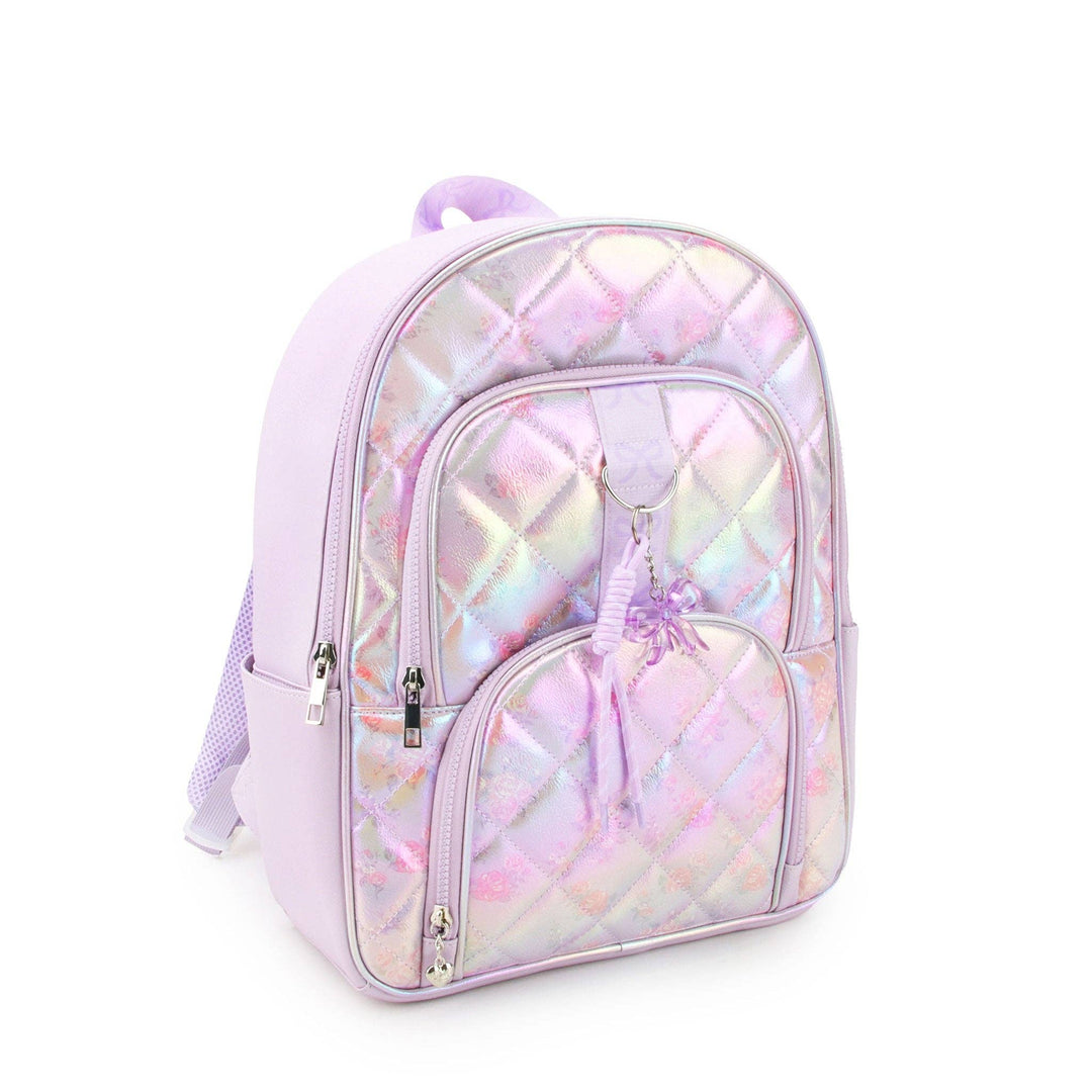 Metallic Floral Print  Quilted Large Backpack with Charm