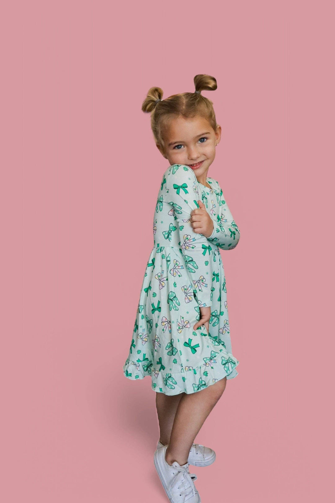 CLOVER BOWS LONG SLEEVE DREAM RUFFLE DRESS: 2T