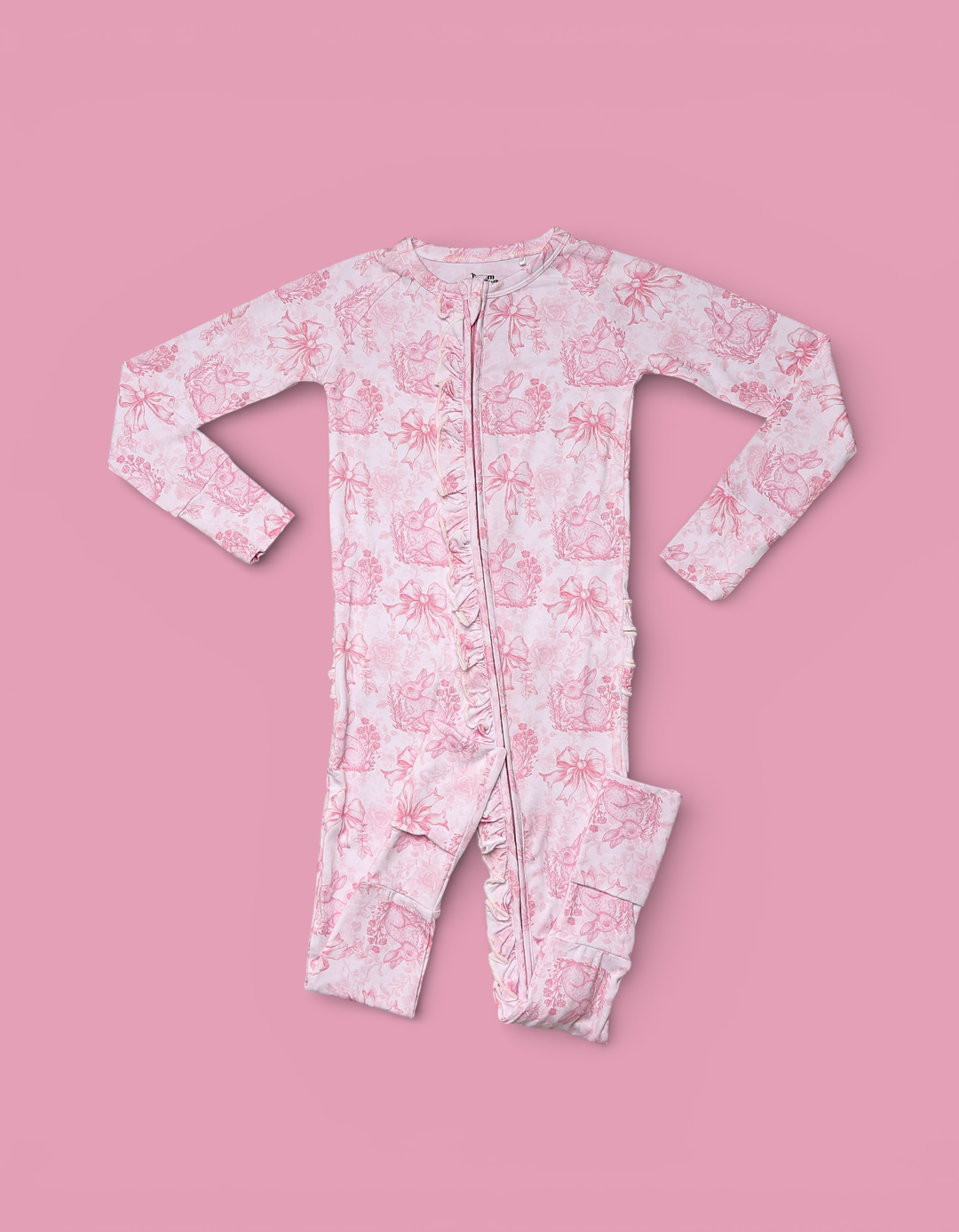 BLUSH BUNNY TOILE DREAM RUFFLE ROMPER