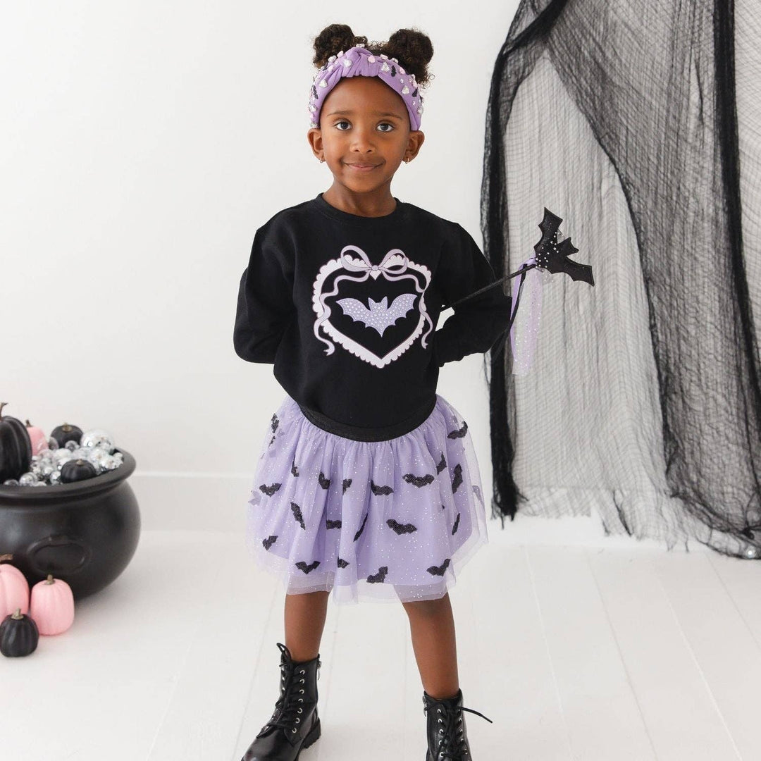 Rhinestone Bat Patch Halloween Sweatshirt - Girls Clothes