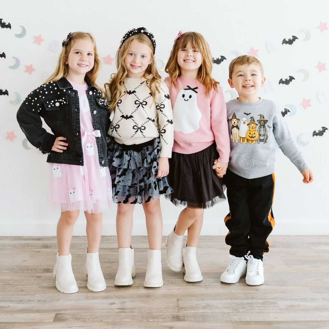Boo Sequin Patch Halloween Short Sleeve Tutu Dress - Kids