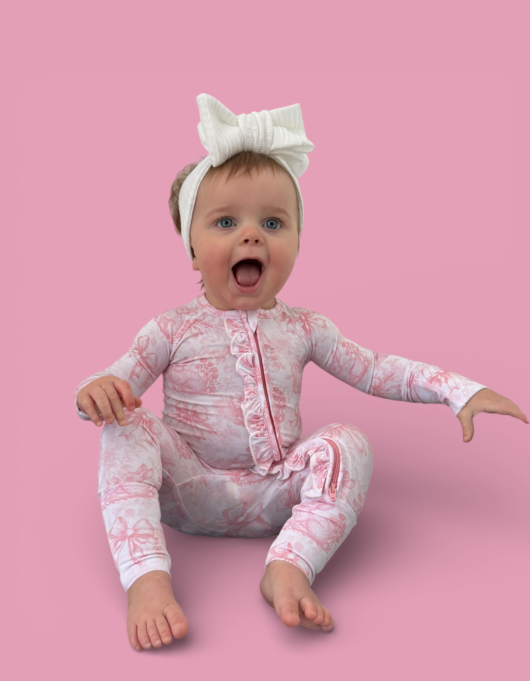 BLUSH BUNNY TOILE DREAM RUFFLE ROMPER