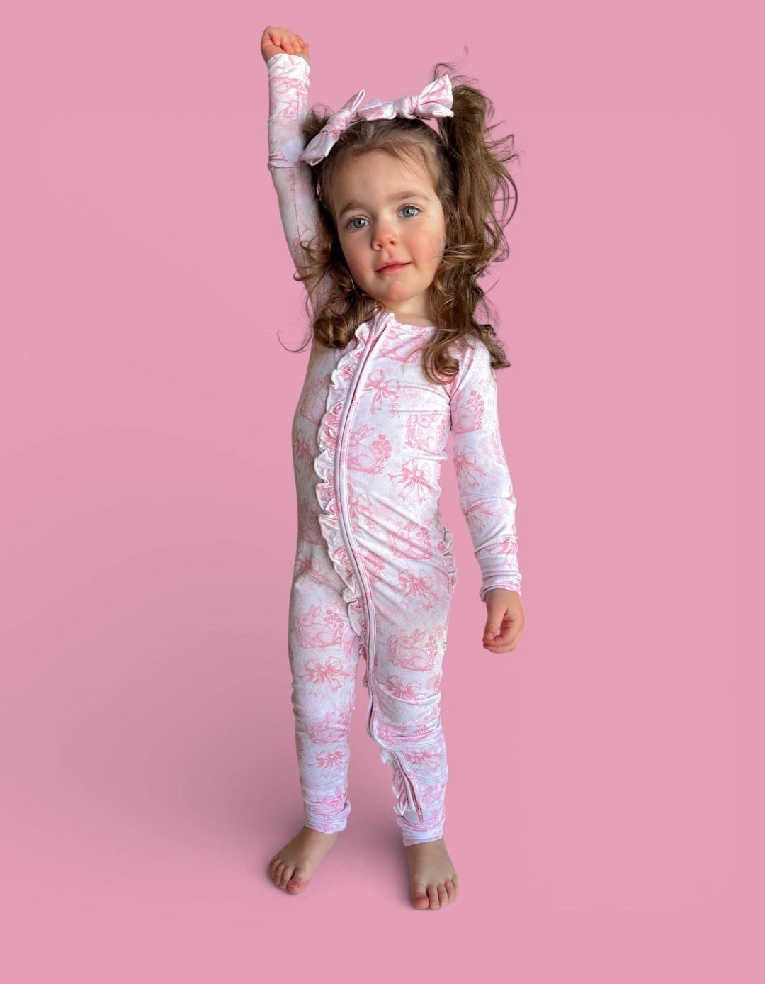 BLUSH BUNNY TOILE DREAM RUFFLE ROMPER