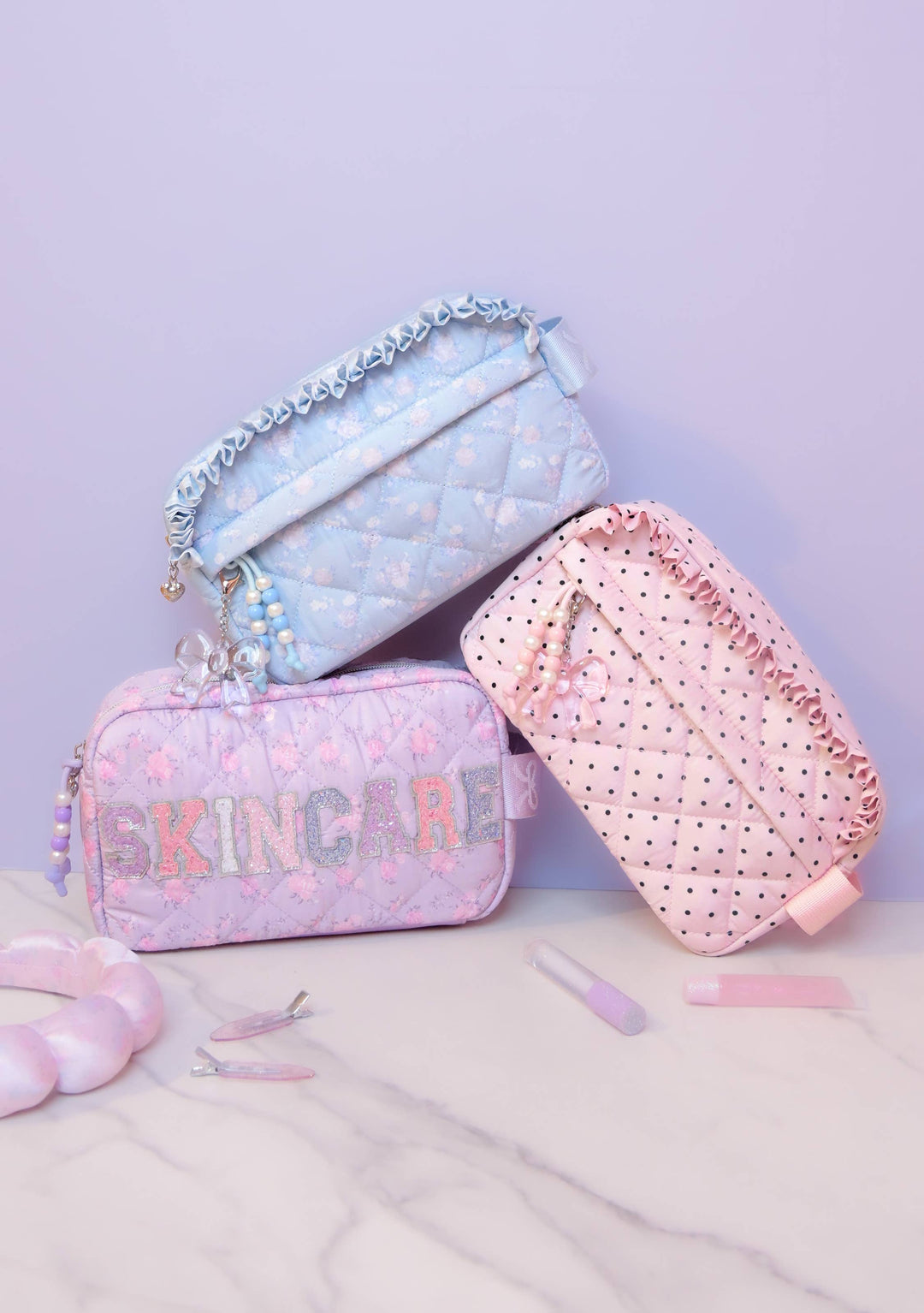 'SKINCARE' Quilted Floral Printed Pouch