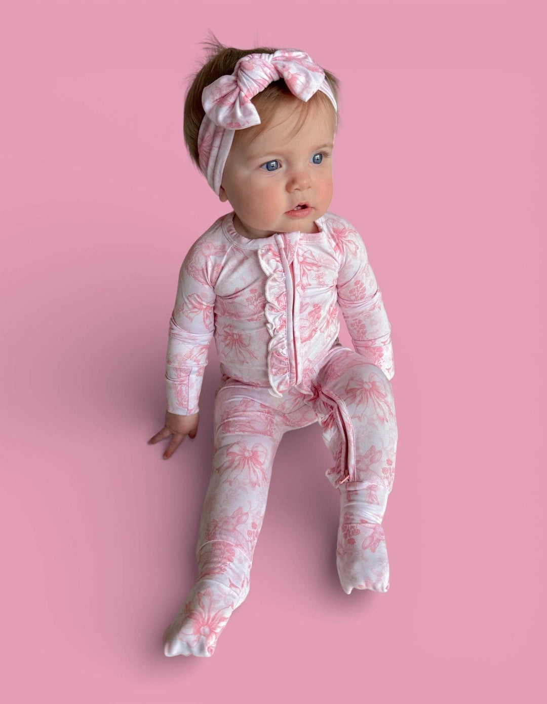 BLUSH BUNNY TOILE DREAM RUFFLE ROMPER