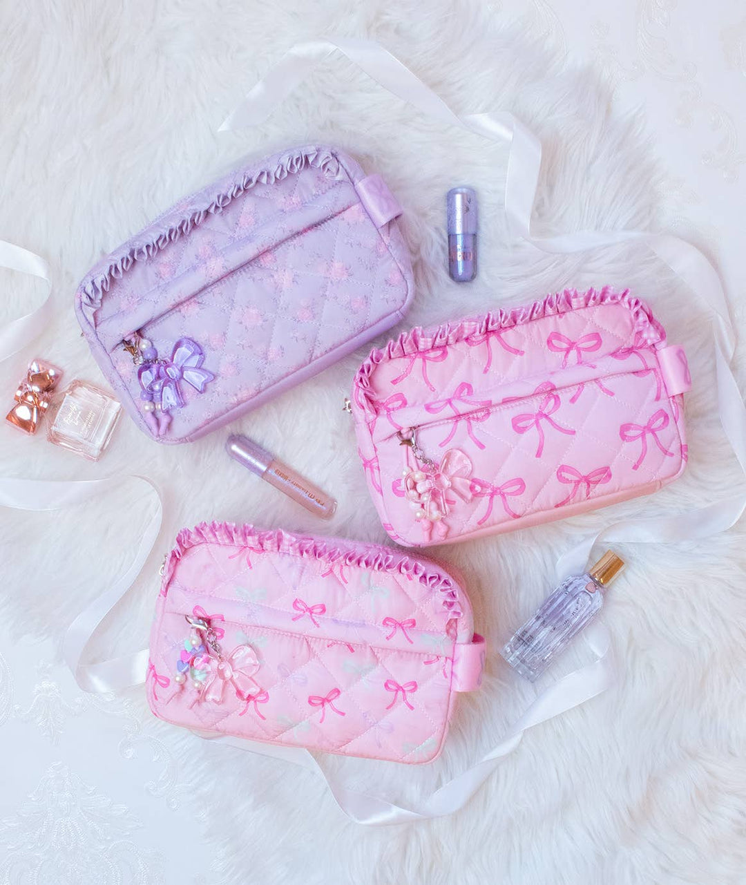 Quilted Bow Printed Pouch with Charm