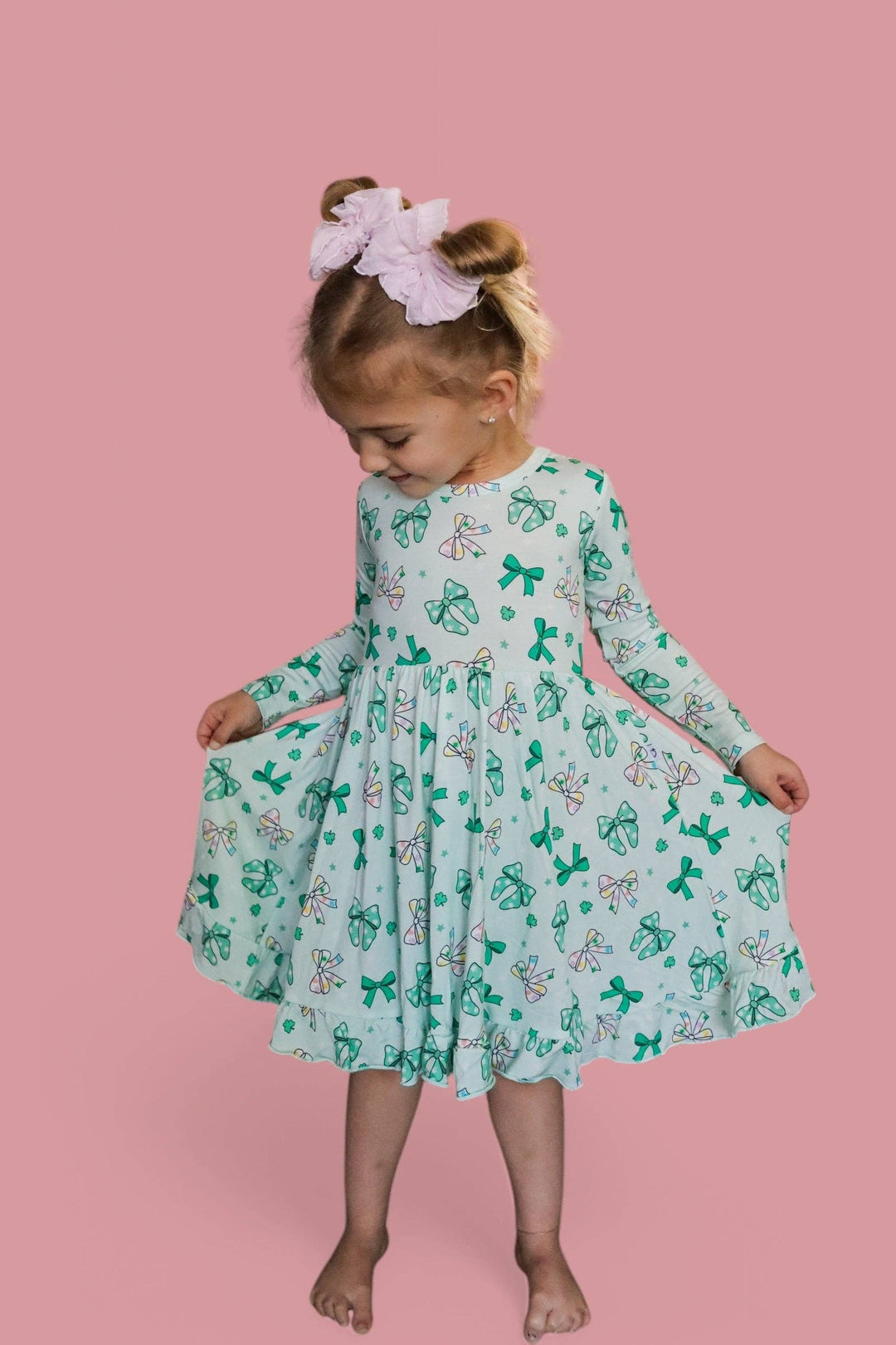 CLOVER BOWS LONG SLEEVE DREAM RUFFLE DRESS: 2T