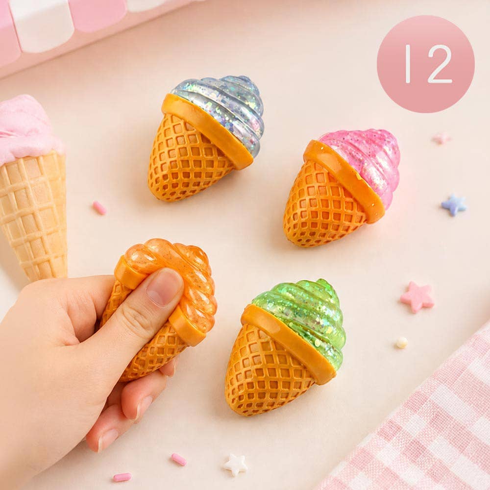 12PCS - Glitter Ice Cream Cone Squeeze Squishy Stress Relief Toy