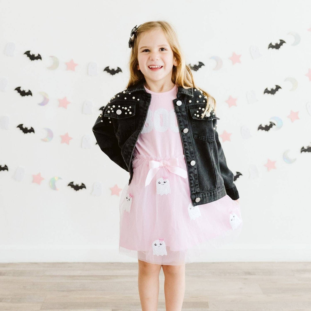 Boo Sequin Patch Halloween Short Sleeve Tutu Dress - Kids