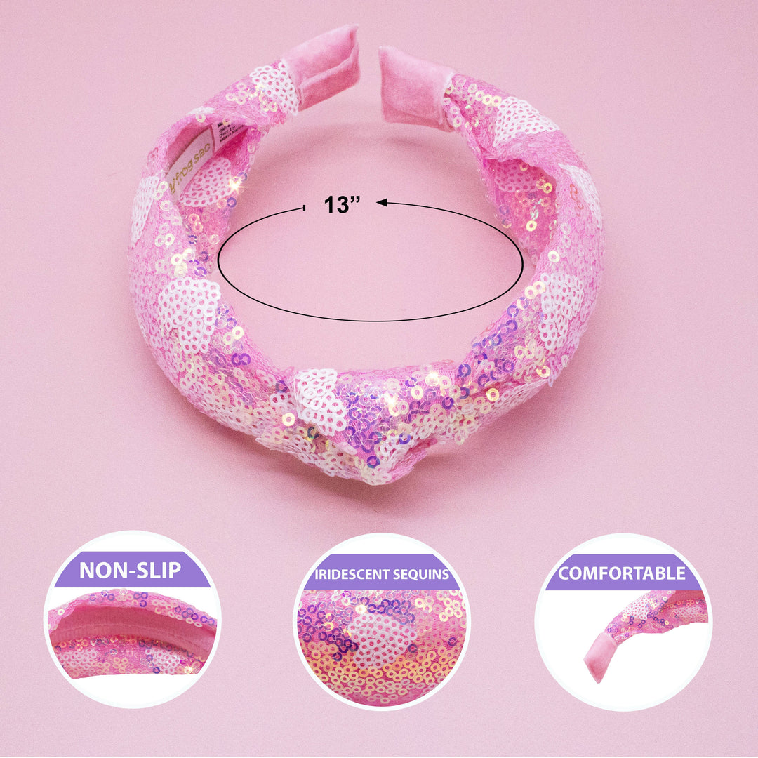 Kids Knot Headband - Pink Sequin Heart Valentine's Day