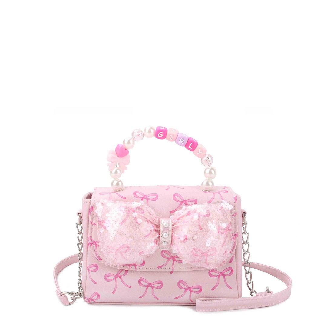 Sequin Bow Printed Mini Flap Crossbody with Beaded Handle