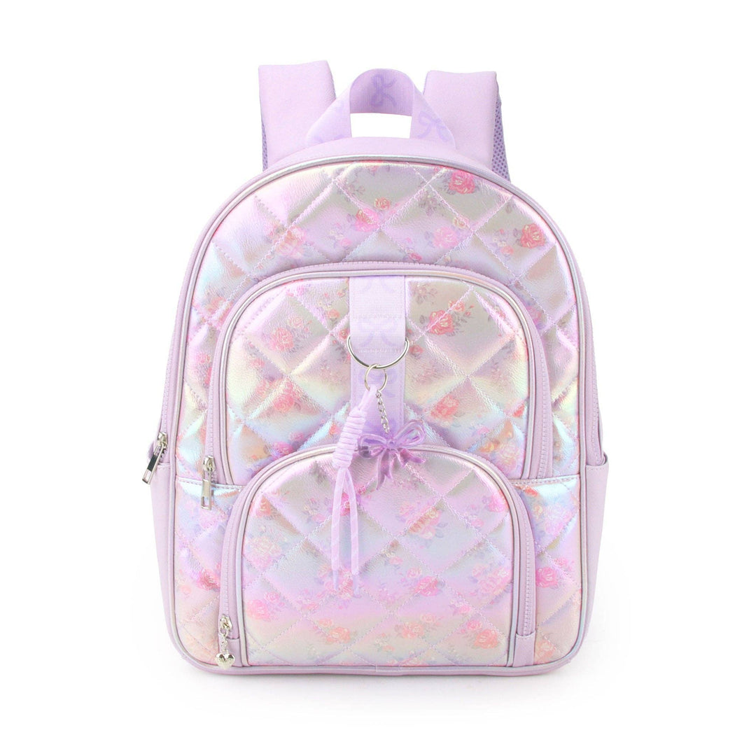 Metallic Floral Print  Quilted Large Backpack with Charm