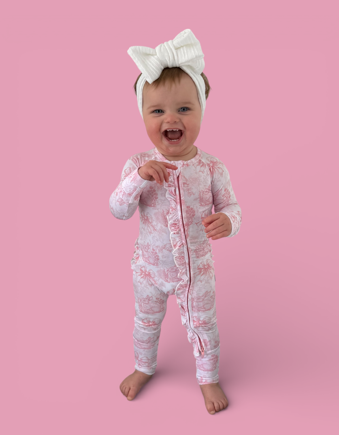 BLUSH BUNNY TOILE DREAM RUFFLE ROMPER