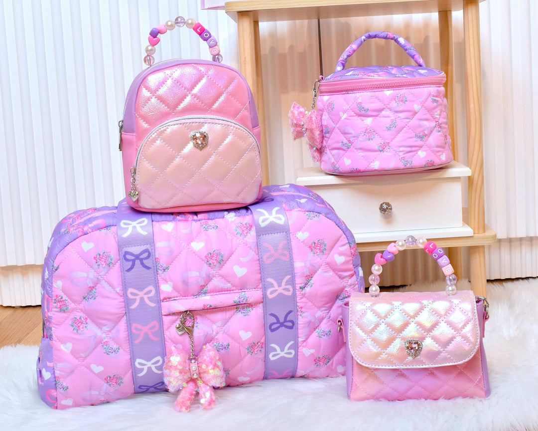 Quilted Floral Bow Round Glam Bag with Charm