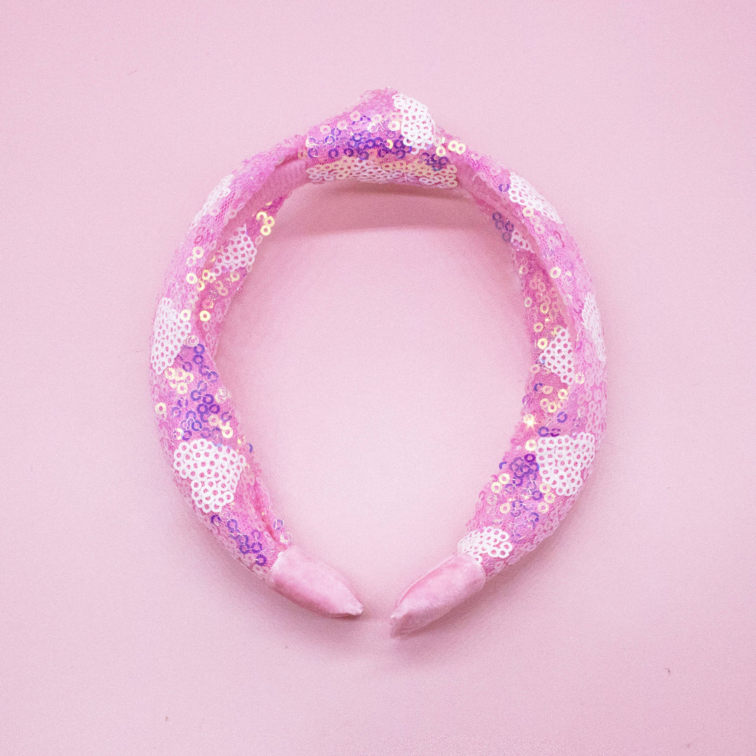 Kids Knot Headband - Pink Sequin Heart Valentine's Day