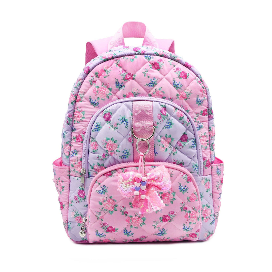 Floral Quilted Large Backpack With Bow Charm