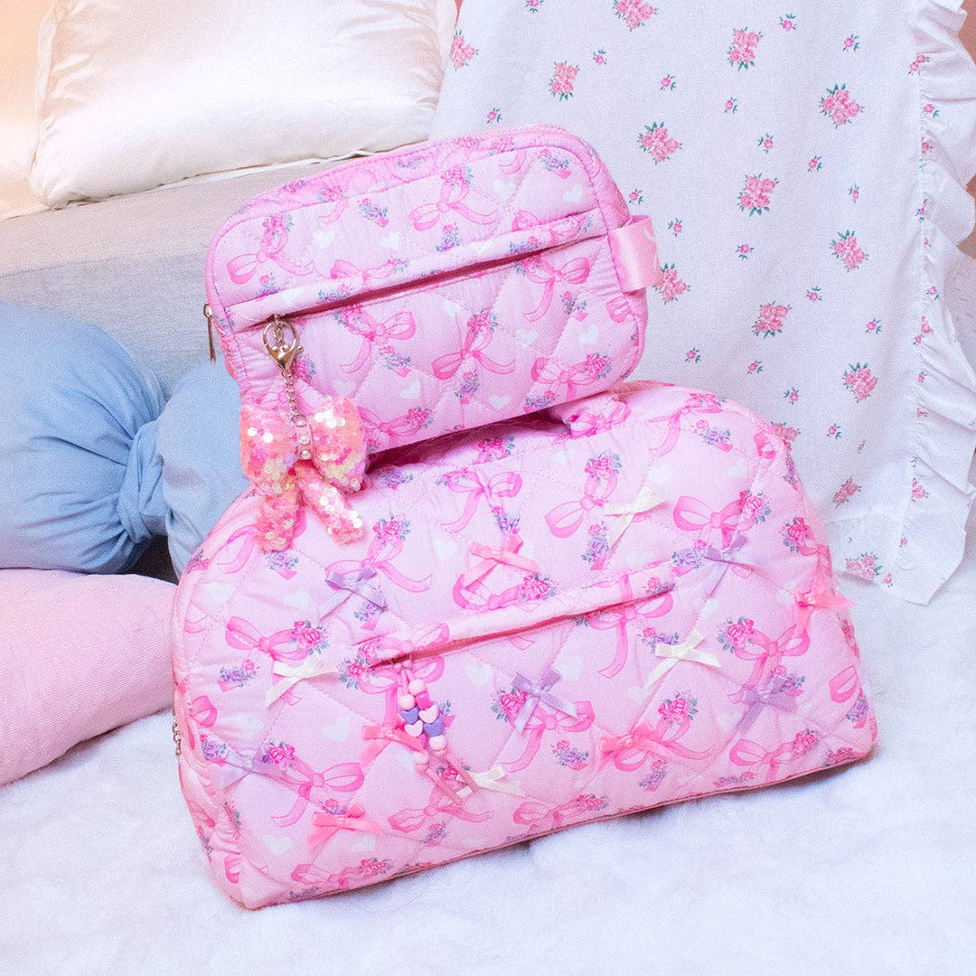 Quilted Floral Bow Printed Pouch with Charm