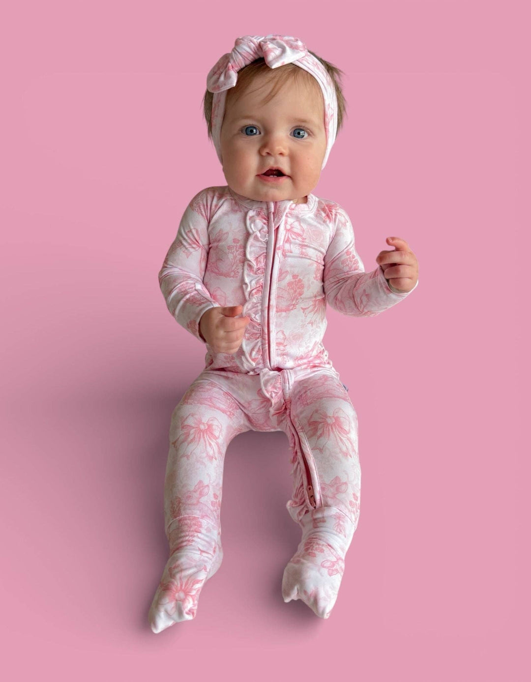 BLUSH BUNNY TOILE DREAM RUFFLE ROMPER