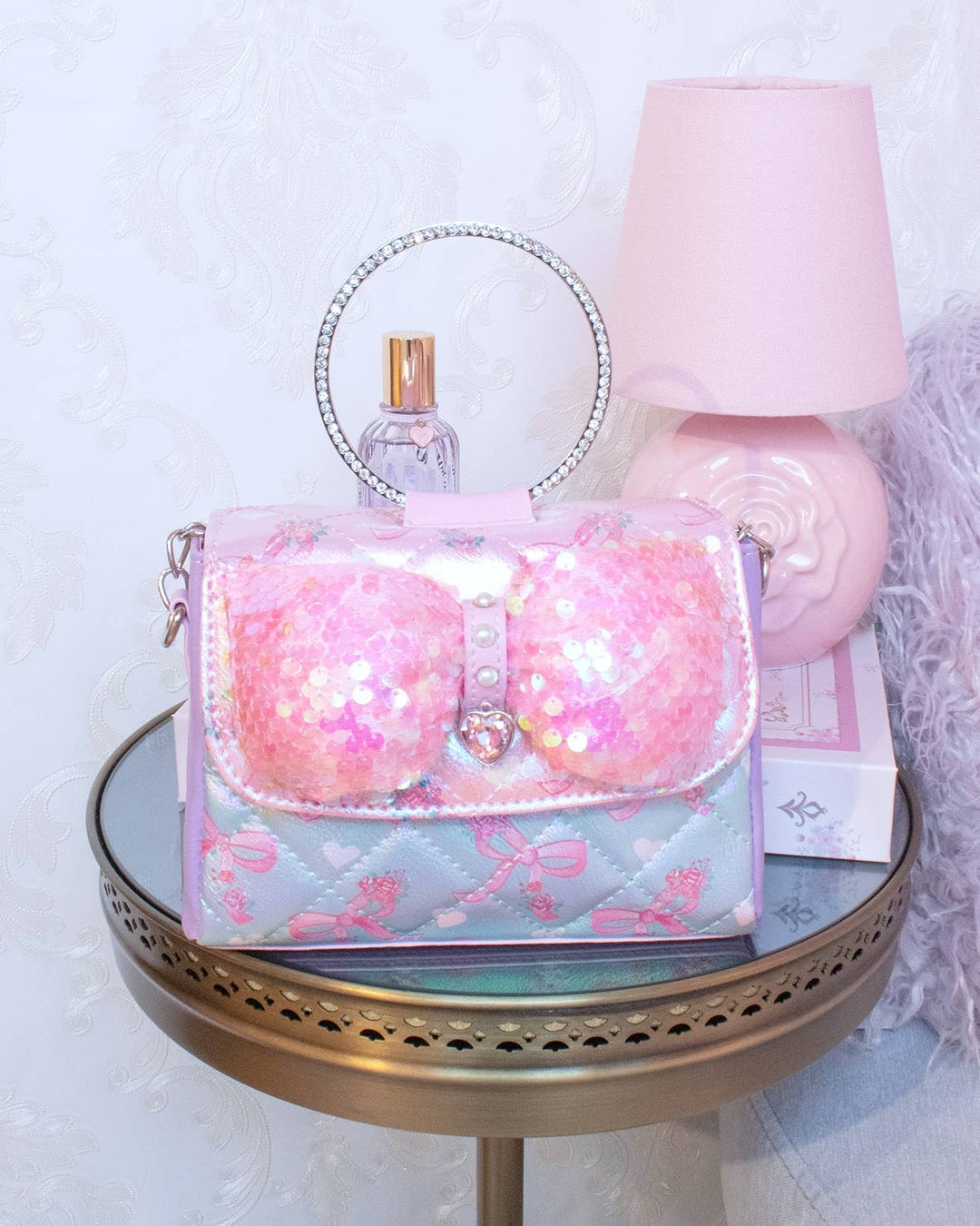 Sequin Bow Front Rhinestone Top Handle Mini Bag