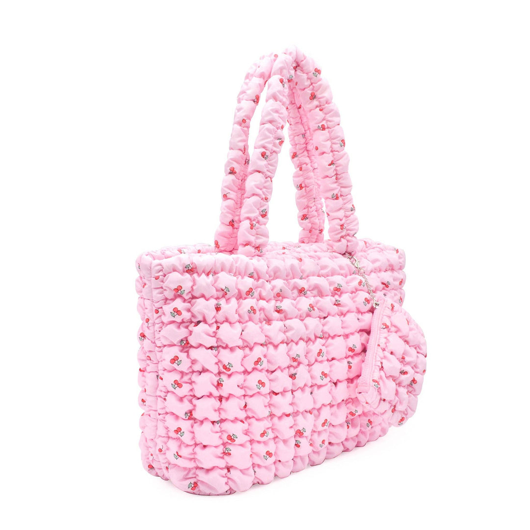 Quilted Scrunchies Printed Large Tote Bag with Coin Purse: Pink Cherry Print Scrunch