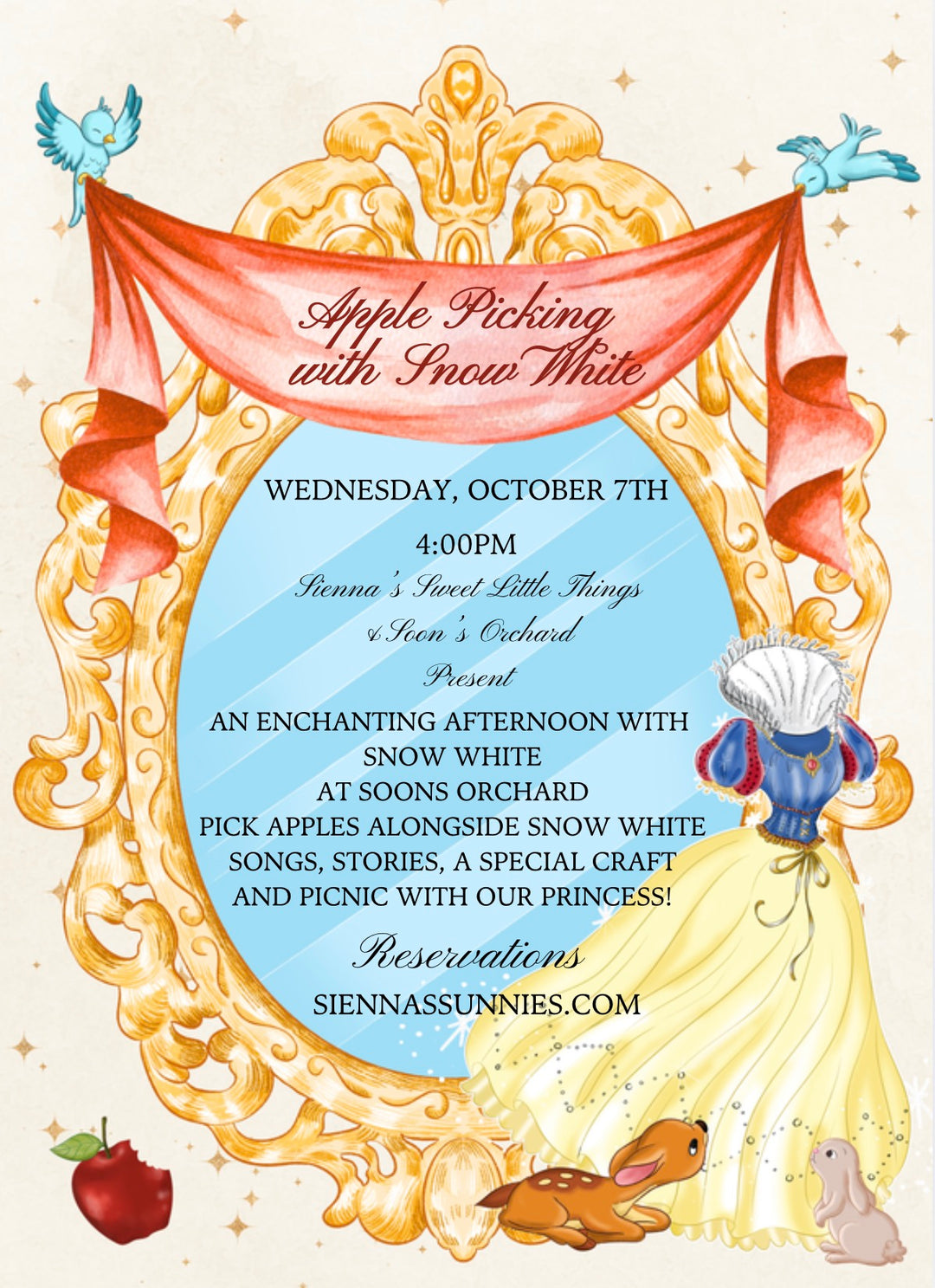 10/7 Apple Picking with Snow White 4pm at Soons Orchard