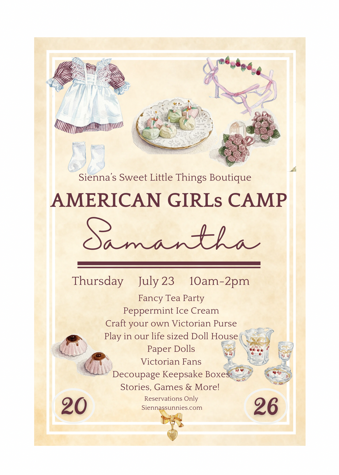 7/23-7/24  10am-2pm Sweet Little Girlhood American Girl Adventures Camp! Exploring history one doll at a time! 10am-2pm