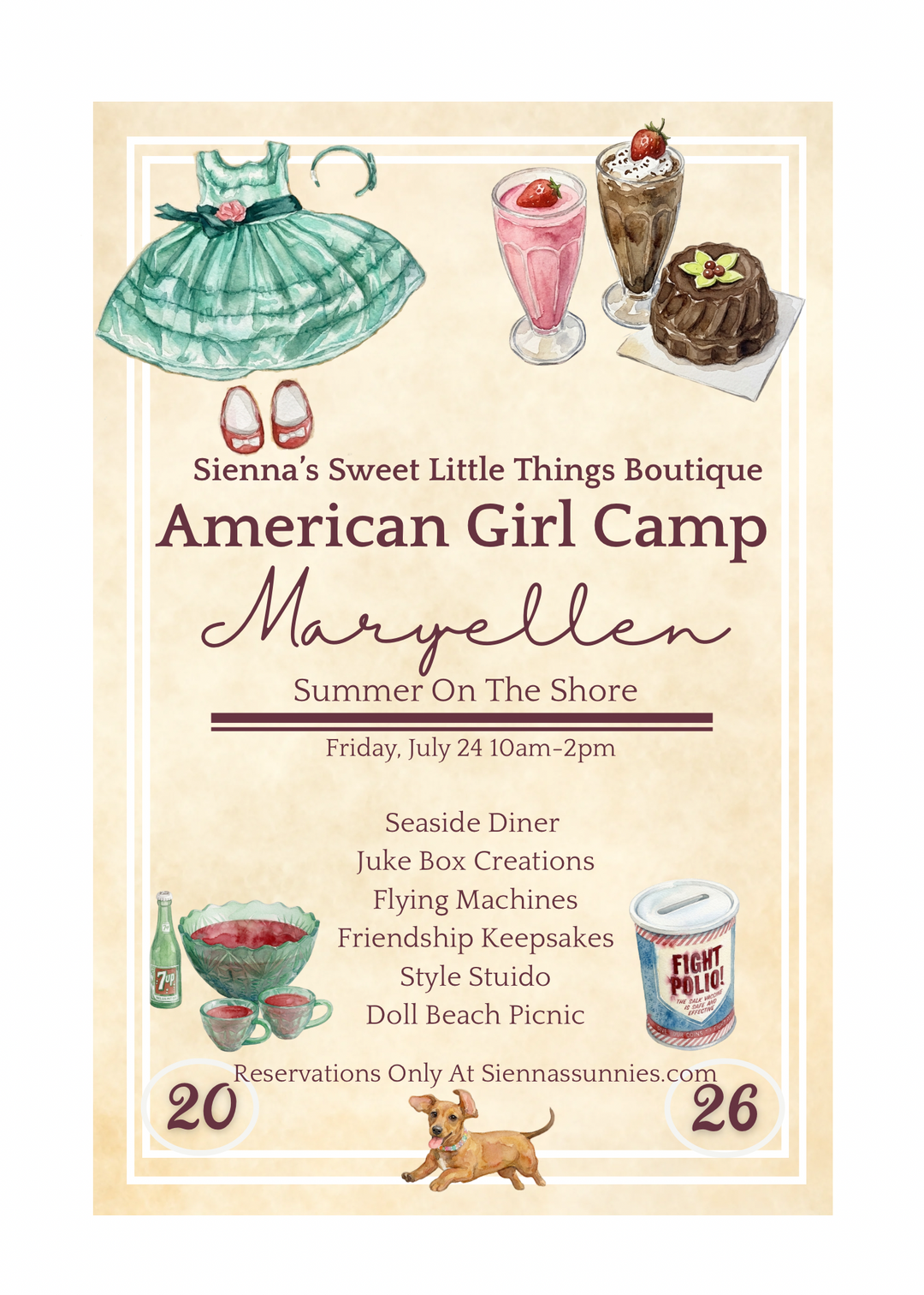 7/23-7/24  10am-2pm Sweet Little Girlhood American Girl Adventures Camp! Exploring history one doll at a time! 10am-2pm