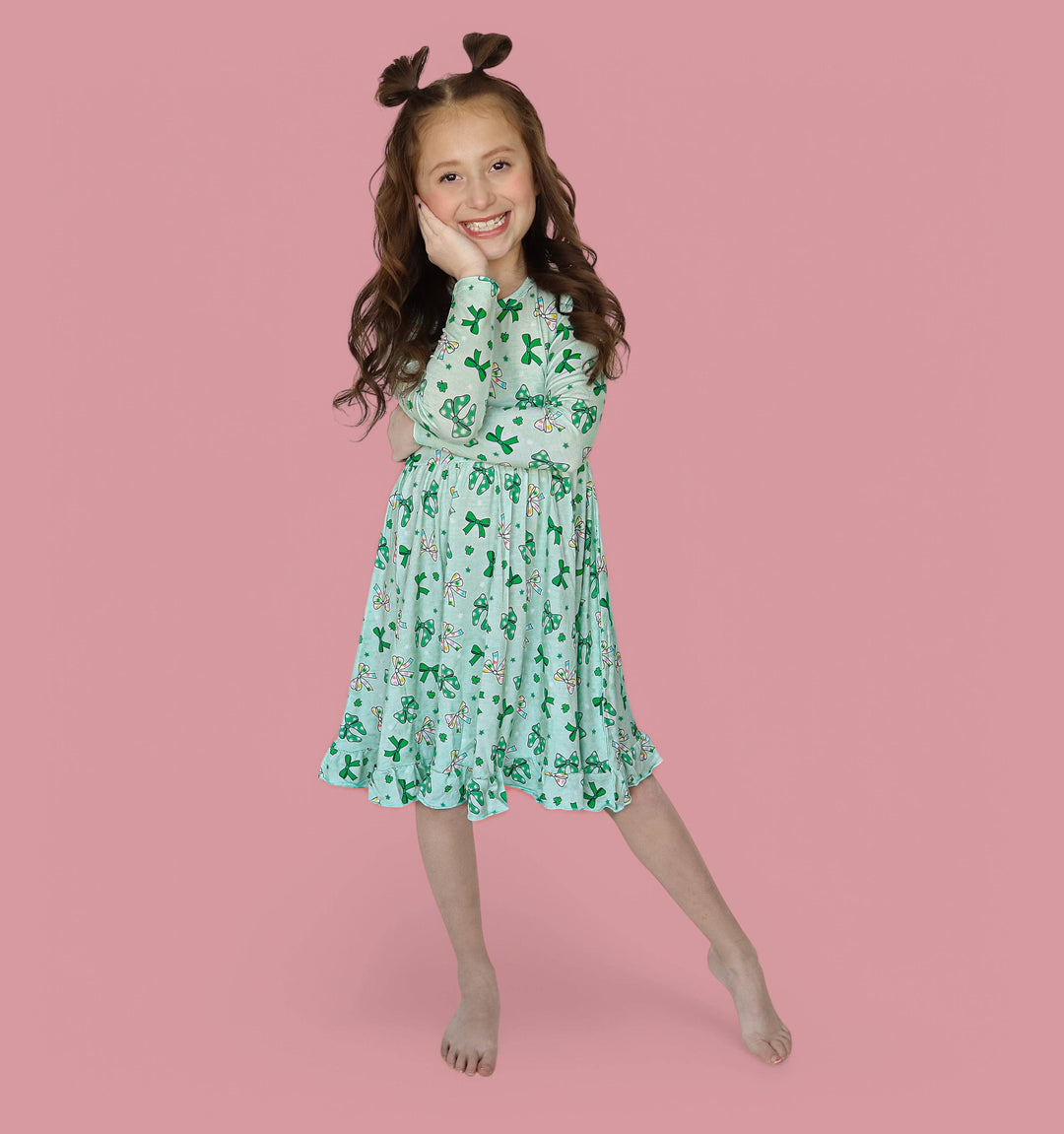 CLOVER BOWS LONG SLEEVE DREAM RUFFLE DRESS: 4T