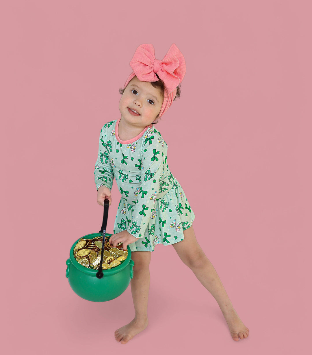 CLOVER BOWS LONG SLEEVE DREAM BODYSUIT DRESS: 12-18M